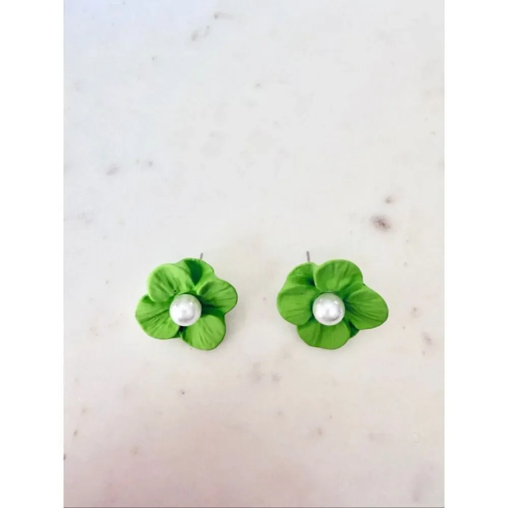 Lime Green Flower Pearl Stud Earrings Floral Statement Cottagecore Sprin